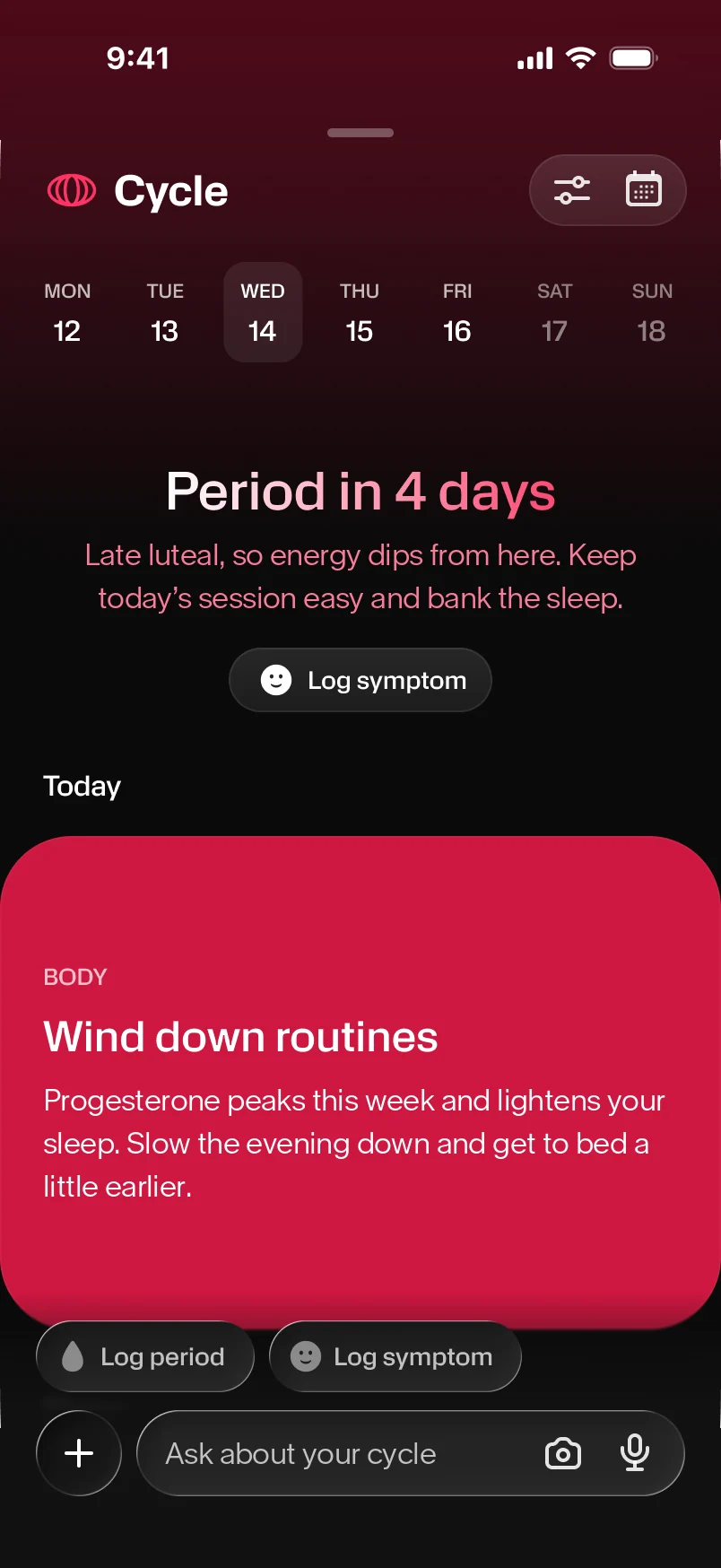The Outcurve cycle screen: days to the next period and how to train around it.