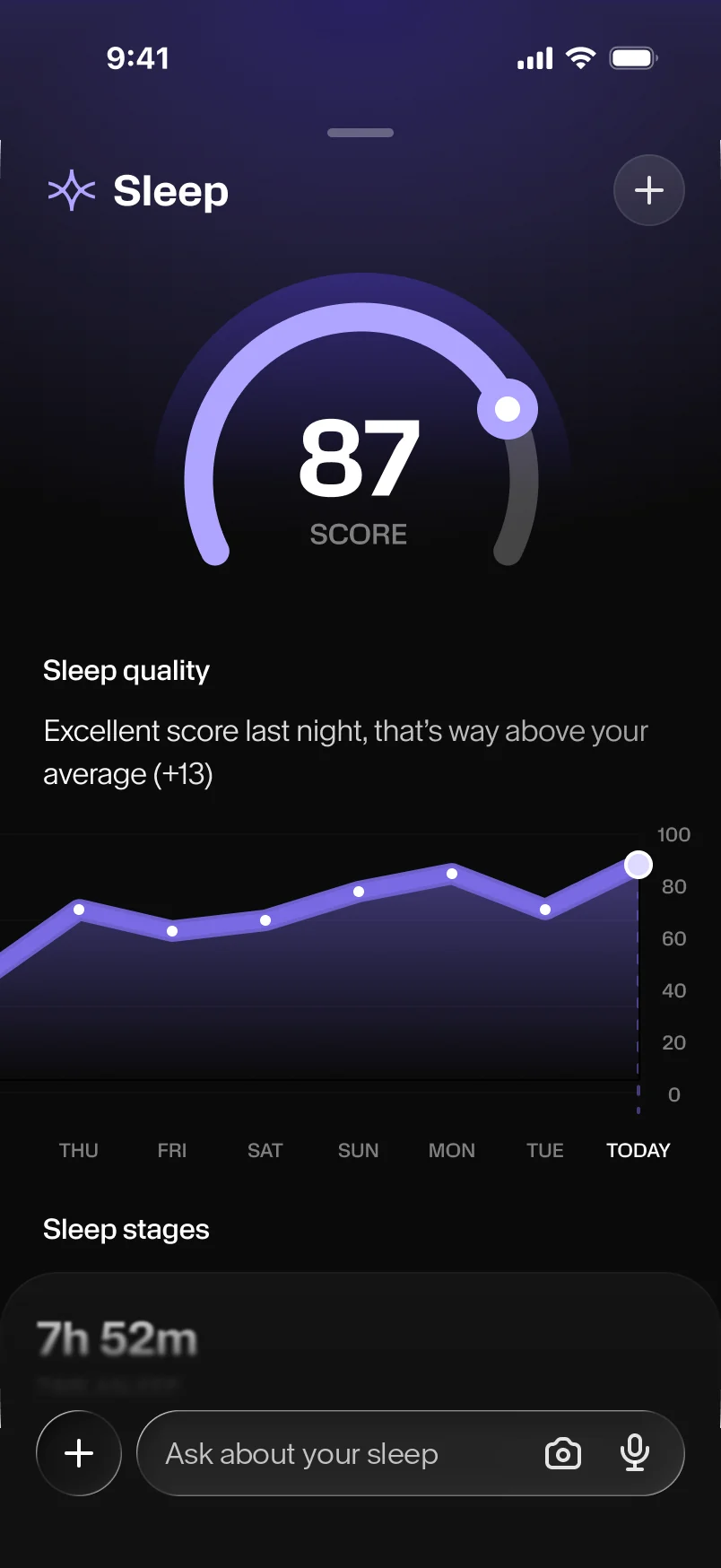 The Outcurve sleep screen: a score of 87, last night’s stages and a seven-day trend.