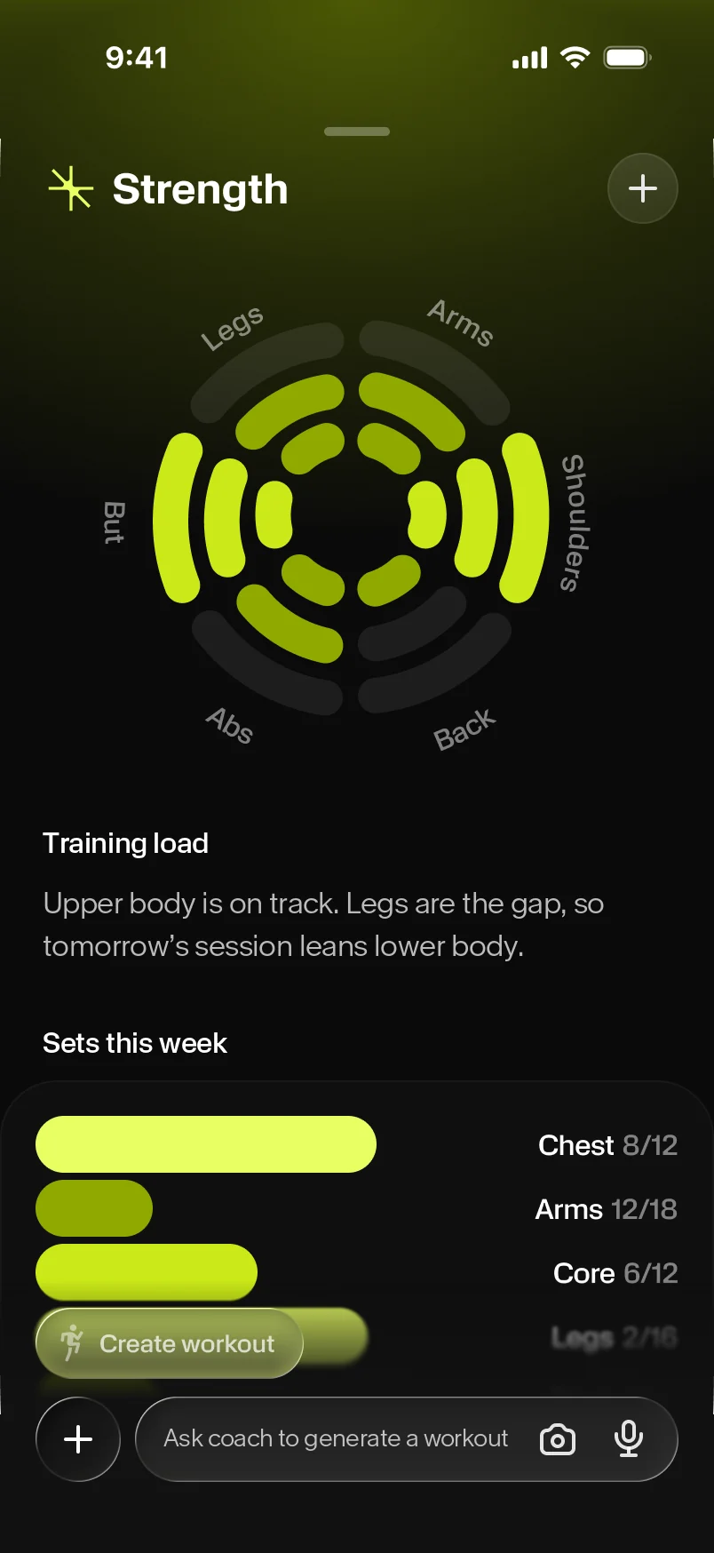 The Outcurve strength screen: a muscle map of the week and sets logged per body part.